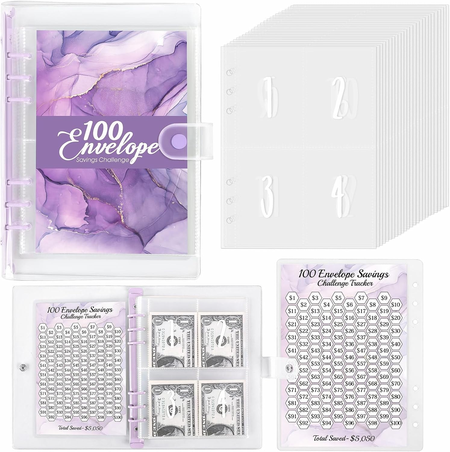 100 Envelopes Money Saving Challenge Binder, Money Saving Binder with Laminated $5050 Tracker Sheet & Pre-Numbered Pockets