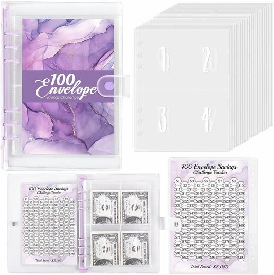 100 Envelopes Money Saving Challenge Binder, Money Saving Binder with Laminated $5050 Tracker Sheet & Pre-Numbered Pockets