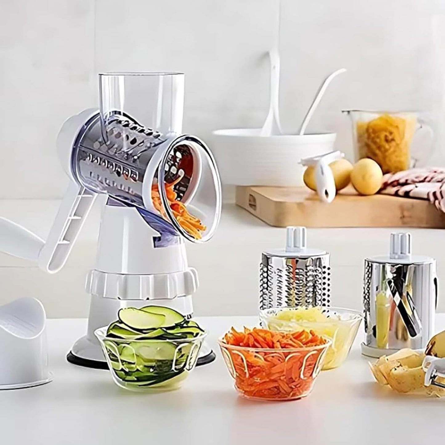 3-In-1 Manual Rotary Cheese & Vegetable Grater – Stainless Steel Blades with Suction Base