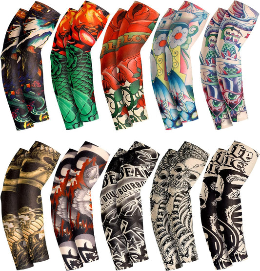 10 Pairs Men'S Temporary Tattoo Arm Sleeves Cooling Arm Sleeves Delicate Pattern Long Fingerless Arm Cover anti Slip UV Protection Sports