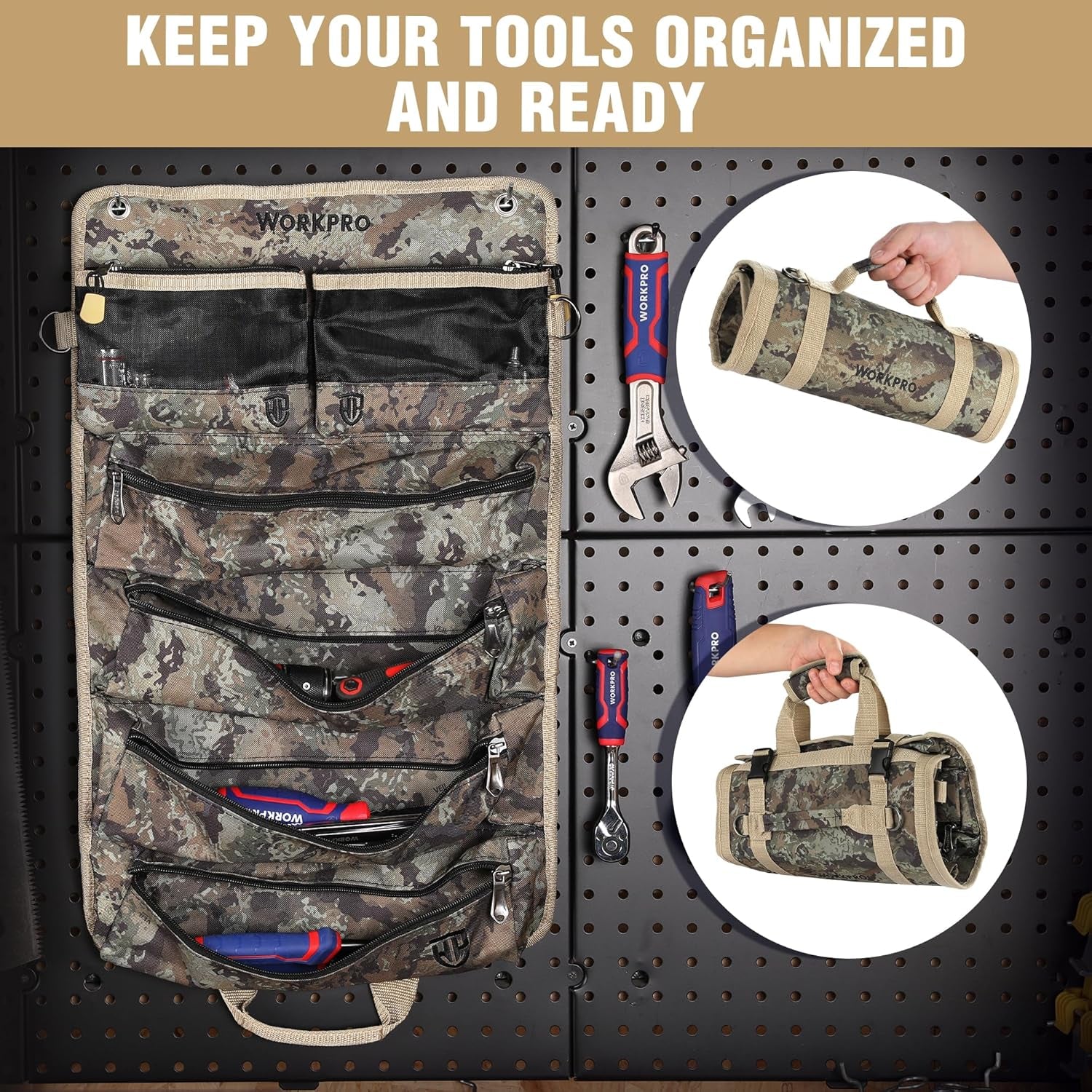 Heavy Duty Tool Bag Organizer with 6 Pockets Tool Roll Organizer for Mechanic, Electrician, Plumber and Carpenter,Camo