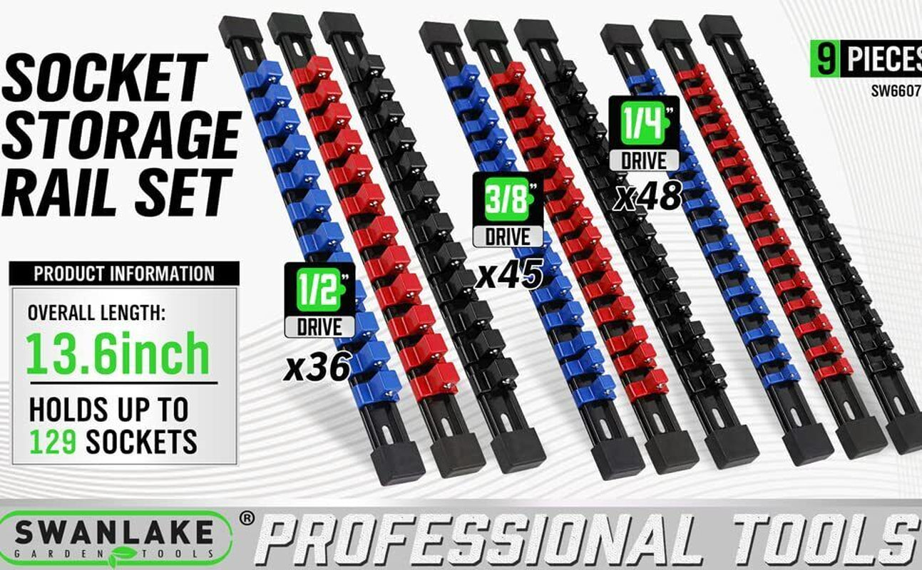 Heavy-Duty 9PCS ABS Socket Rail Holder – Wall Mount for 1/2", 3/8", 1/4" Drives