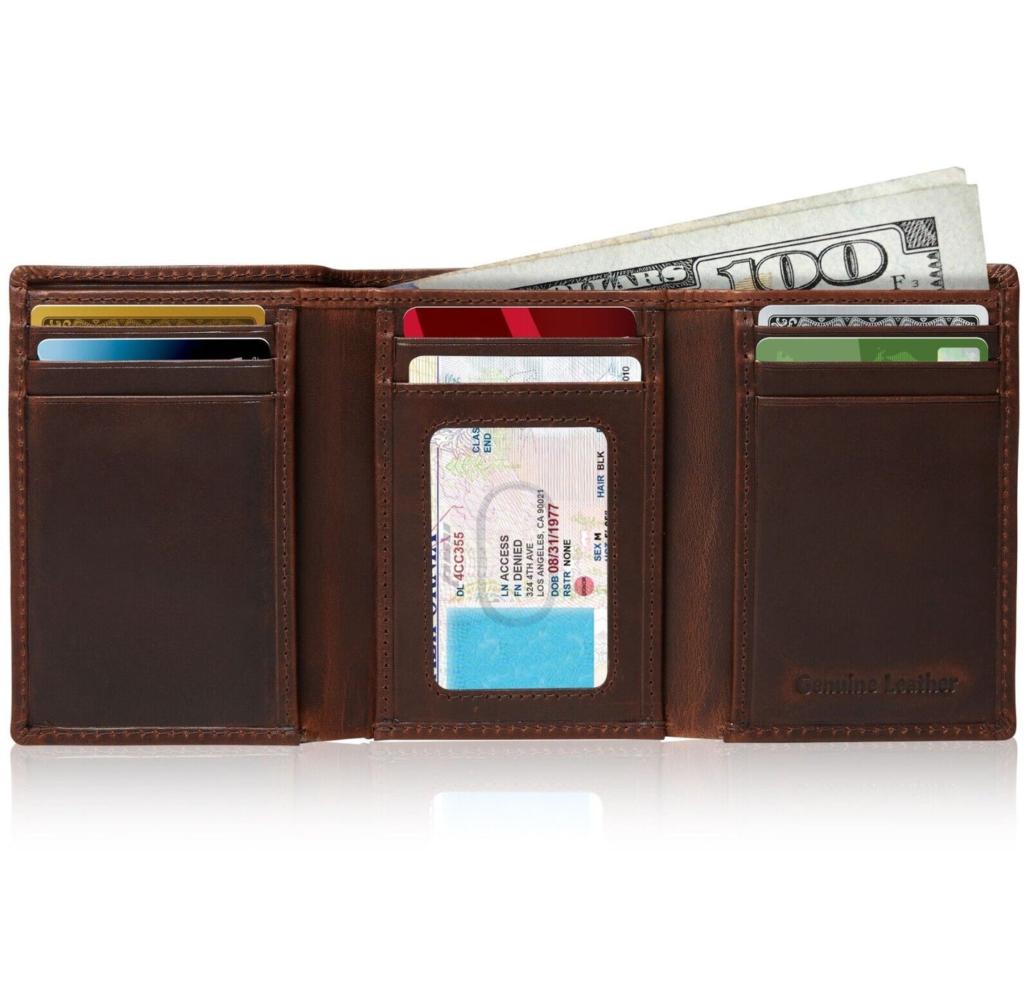 Genuine Leather Mens Wallet Slim Trifold Wallets for Men with ID Window RFID