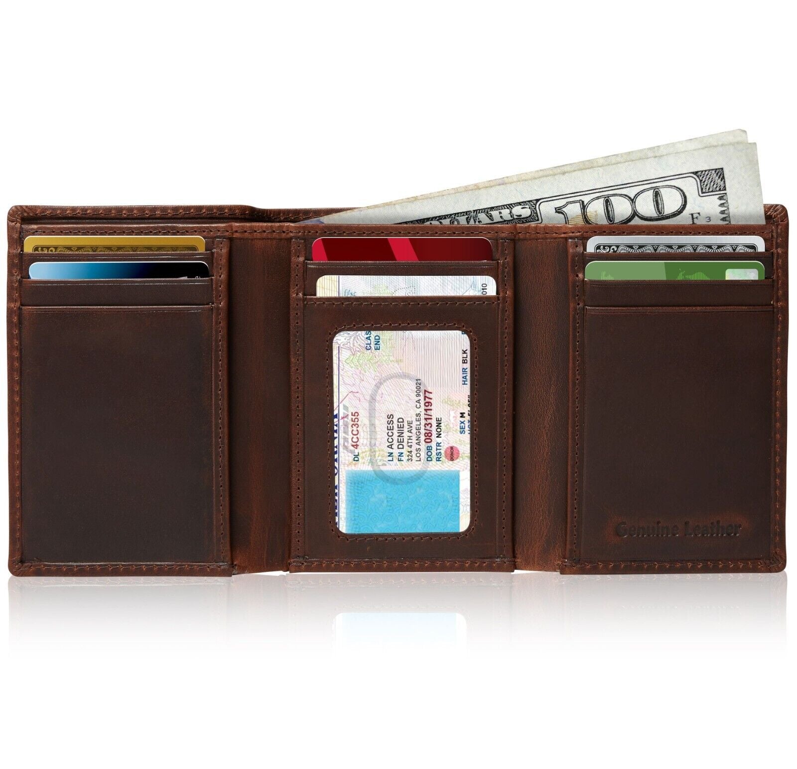 Genuine Leather Mens Wallet Slim Trifold Wallets for Men with ID Window RFID