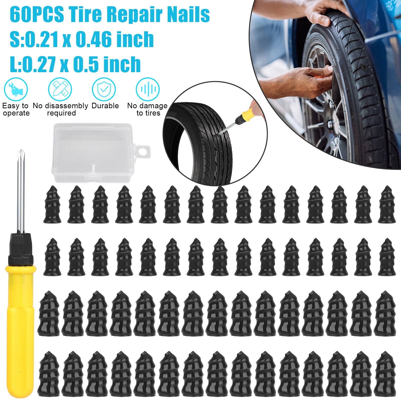 60PCS Car Vacuum Tire Repair Nail Rubber Screw Nails+ Screwdriver Tool Set W/Box