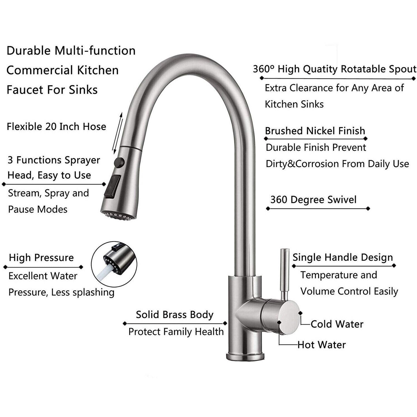 Kitchen Sink Faucet Brushed Nickel Single Handle Swivel Pull down Sprayer Mixer