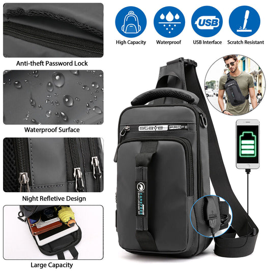 Anti-Theft Men'S Sling Crossbody Bag Chest Shoulder Messenger Backpack USB Port