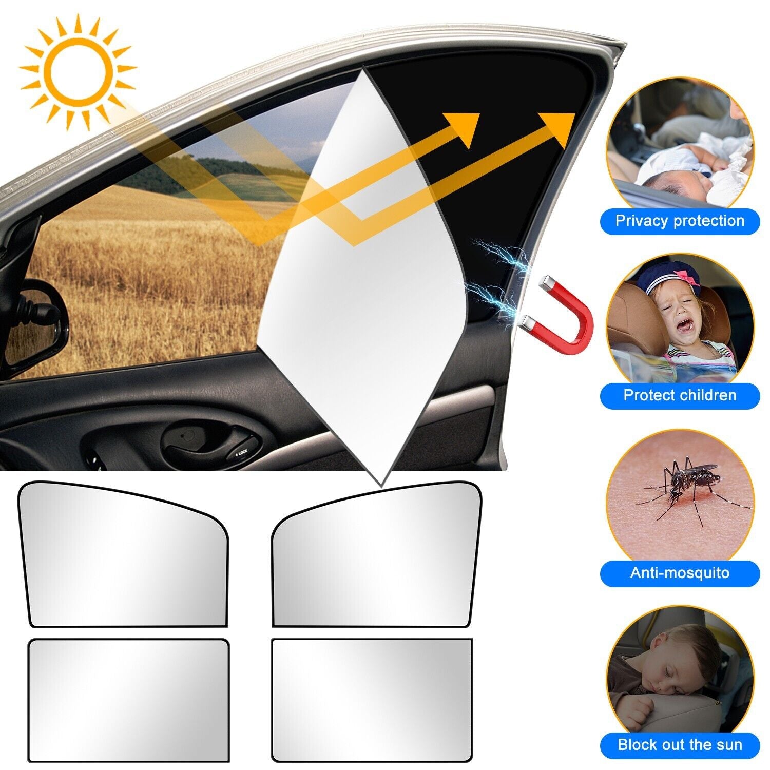 Magnetic Car Window Sun Shade – UV Protection & Privacy Screen for Front and Rear Windows (Set of 4