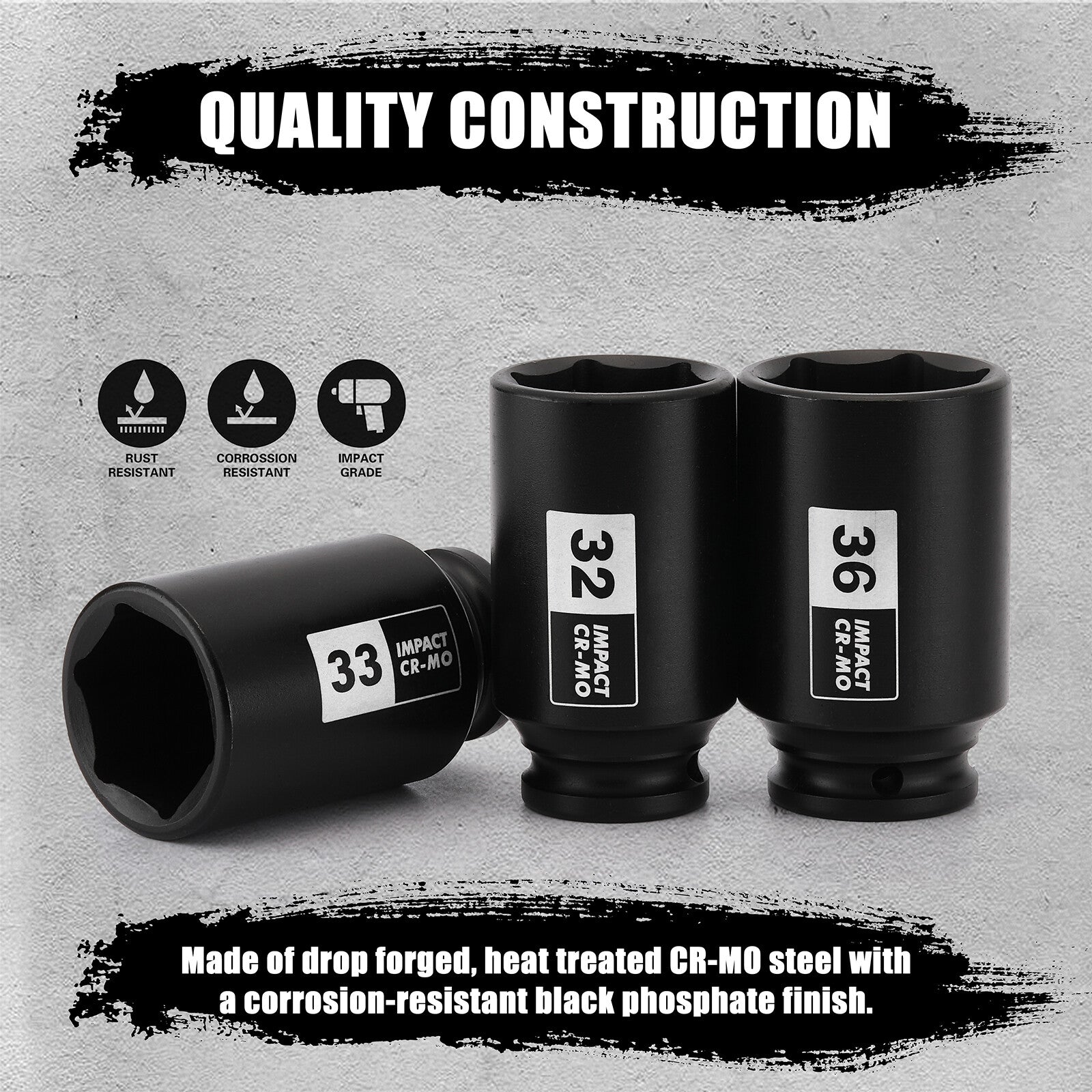 1/2'' Drive Deep Spindle Axle Nut Impact Socket Set 6 Point CR-MO,32,33,35