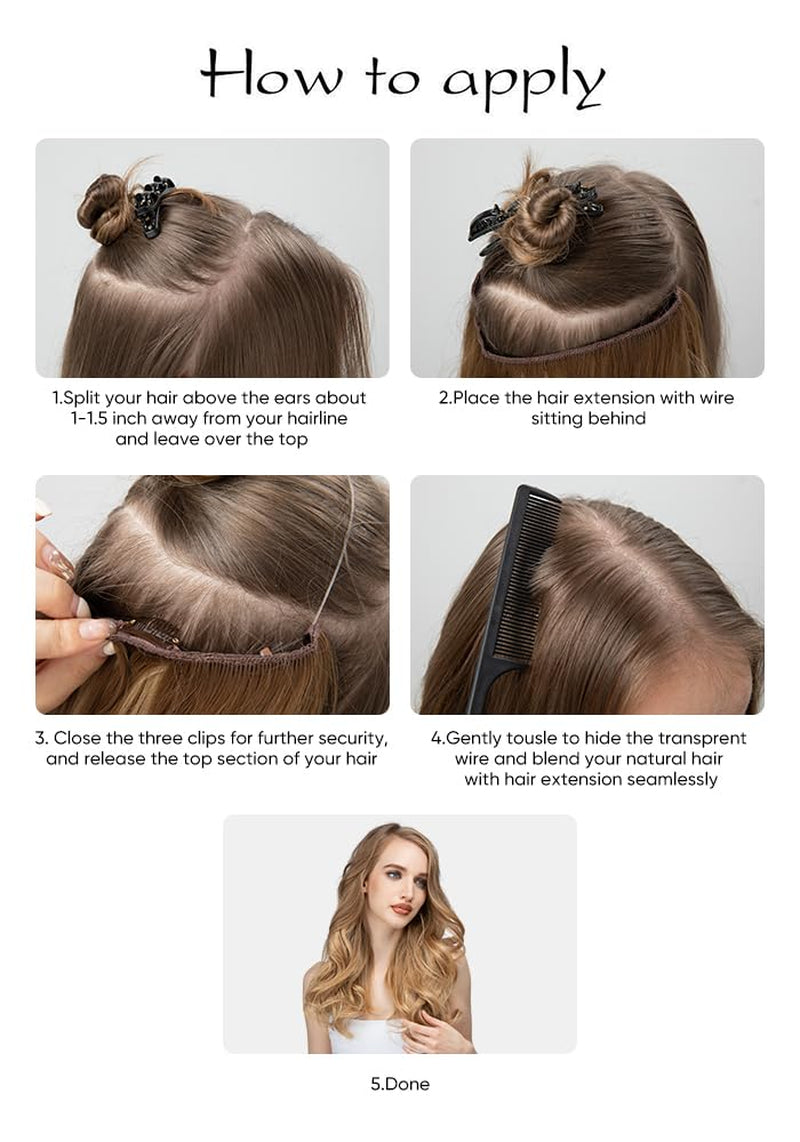 18'' Invisible Wire Hair Extensions with 3 Clips - Adjustable Synthetic Wavy Curly Hairpiece with Transparent Headband for Women, Ash Medium Brown/Ash Blonde Highlights