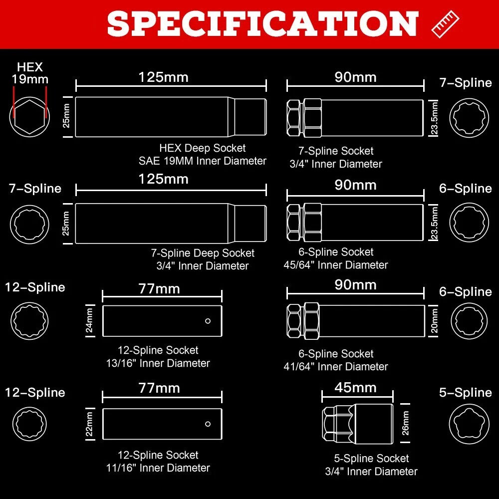 8PCS Universal Locking Key Lug Nut Master Socket Set Wheel Lock Removal Tool Kit