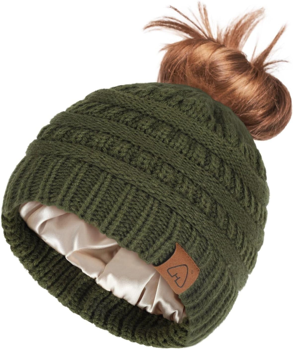 Beanie Hat Hair Ponytail Beanie Messy Bun Knit Skull Cap for Women Silk Lined Winter Hat