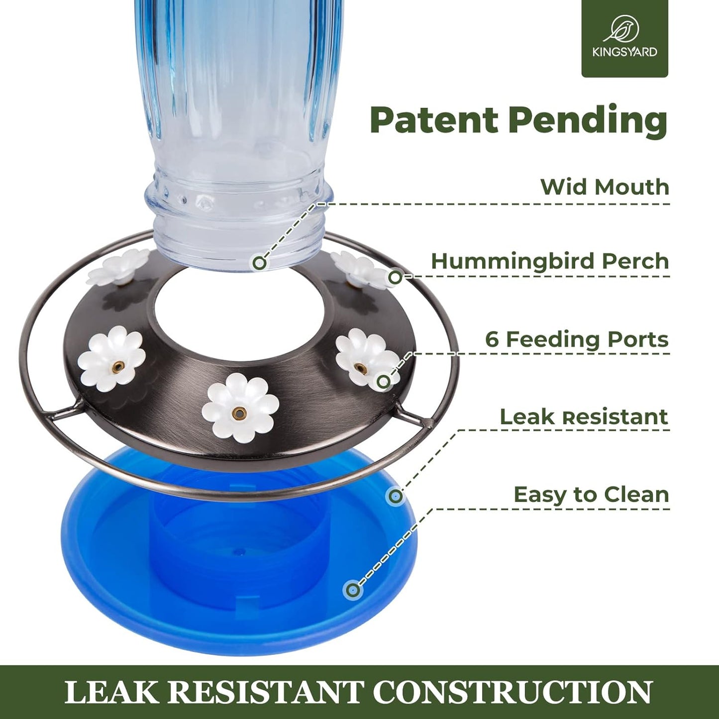 Glass Hummingbird Feeder for Outdoors Wild Bird Feeder with 6 Feeding Ports Hanging for Garden Yard, Blue (Ant Moat Included)