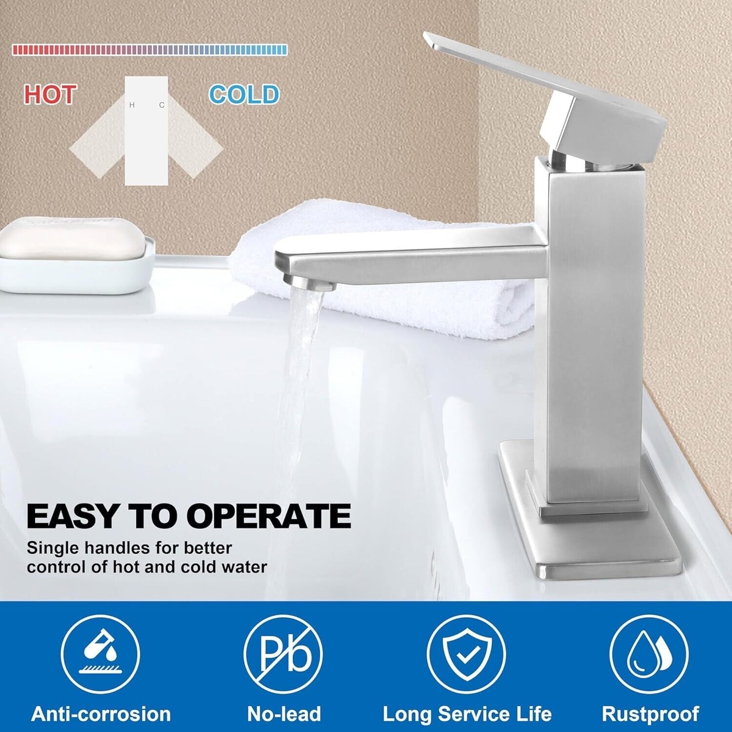 Bathroom Faucet with Drain & Hooks, Brushed Nickel Bathroom Faucets for Sink 1 O