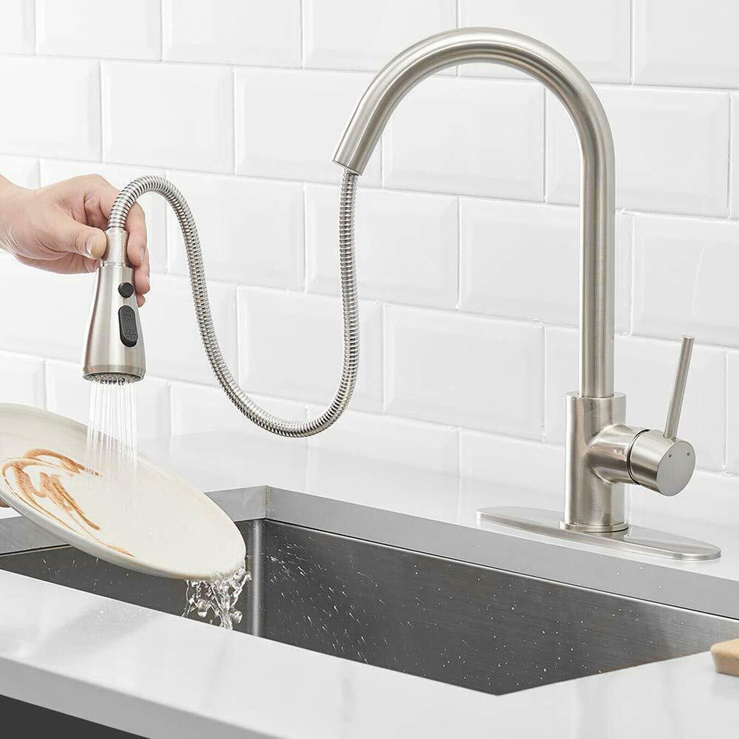 Kitchen Sink Faucet Brushed Nickel Single Handle Swivel Pull down Sprayer Mixer