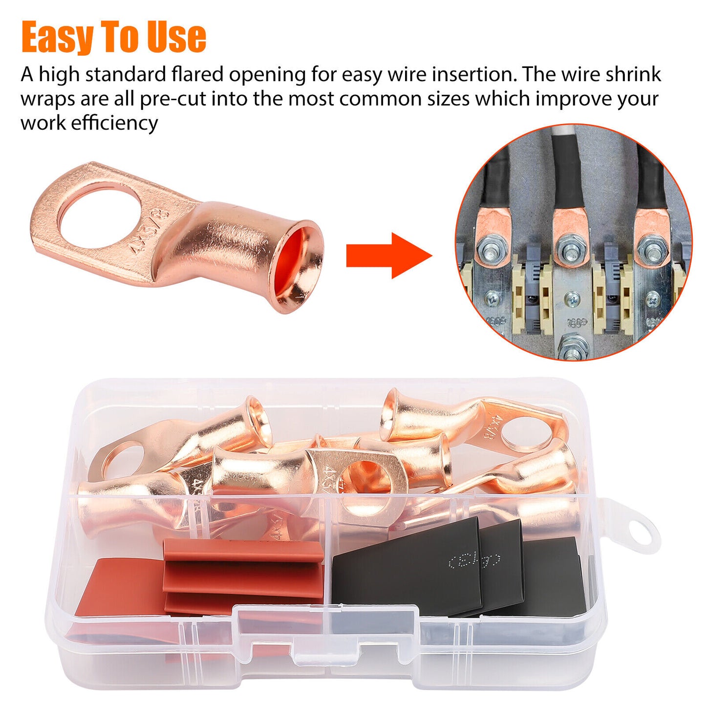 20Pcs 4 AWG Gauge Copper Lugs W/ BLACK & RED Heat Shrink End Ring Terminals Wire