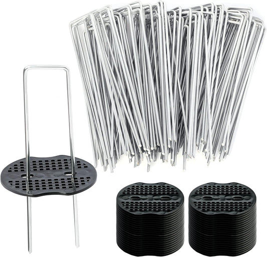 100 pcs 6 inch U-Shaped Landscape Staples and 100 pcs Fixing Gasket Sets Garden Landscape Staples are Suitable for Outdoor Irrigation Hoses