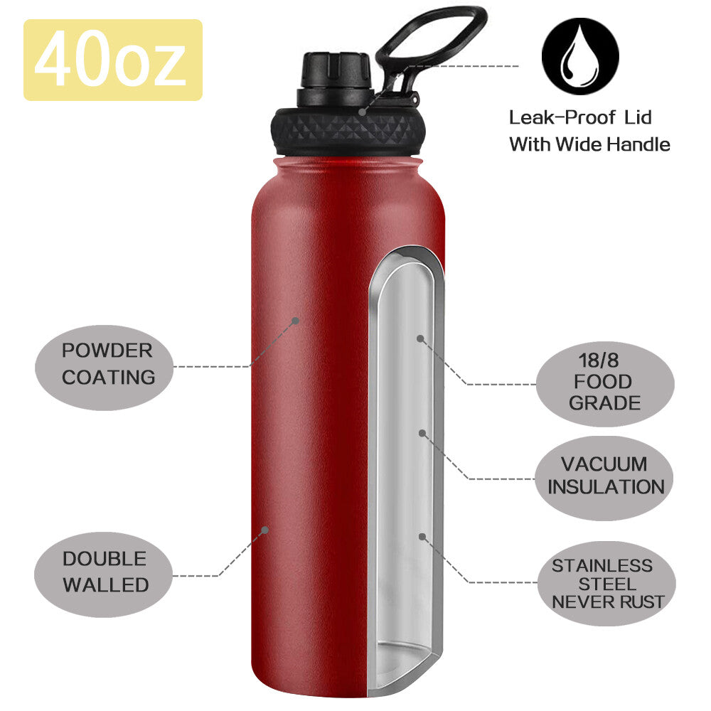 Water Bottle Stainless Steel Vacuum Double Wall Insulation Sport Wide Mouth 40 Oz 