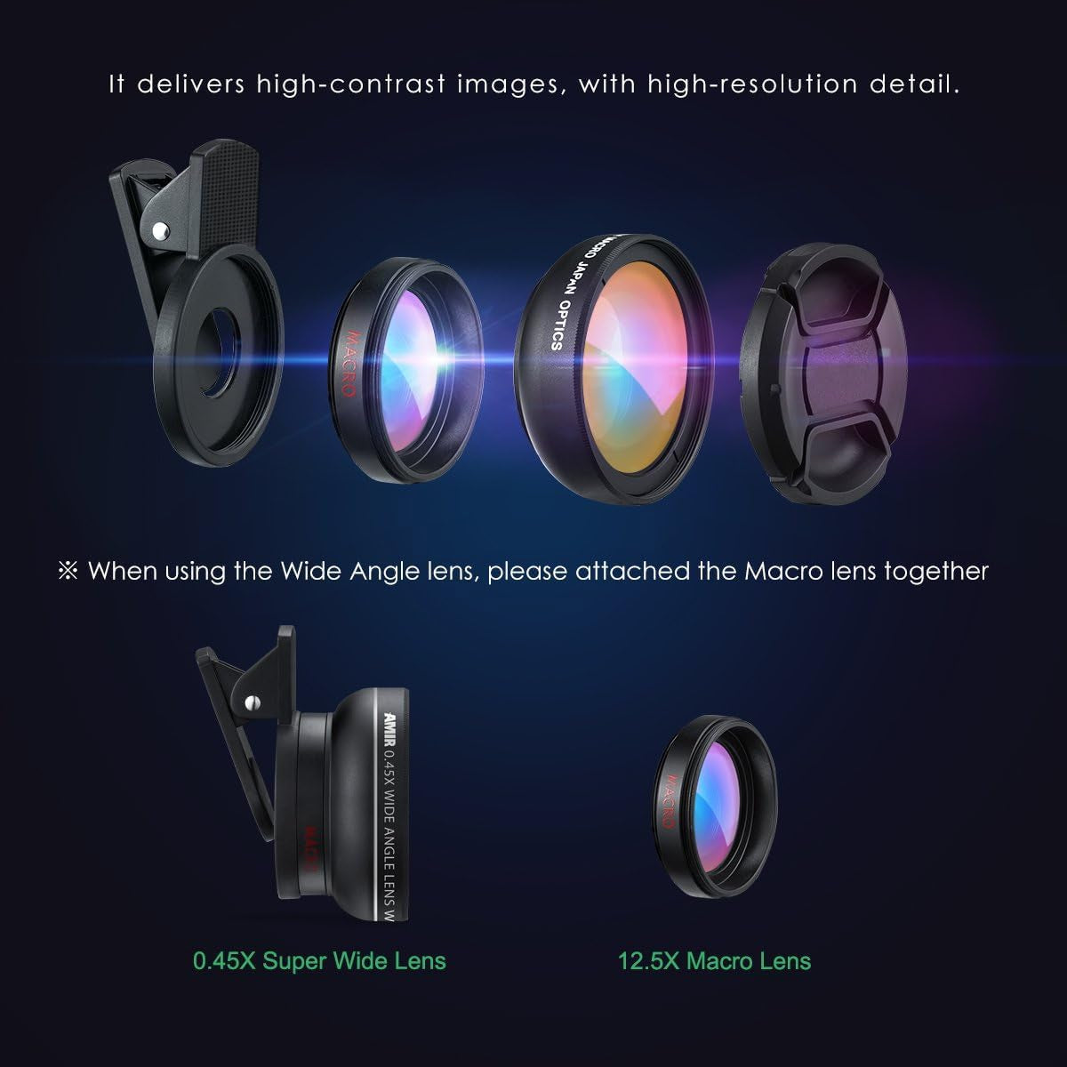 PC Multifunctional Universal Mobile Phone Professional Len, 1 Count 37MM 0.45X 49UV Phone Camera Len for iPhone, Wide Angle + Macro 2 in 1 Mobile Len