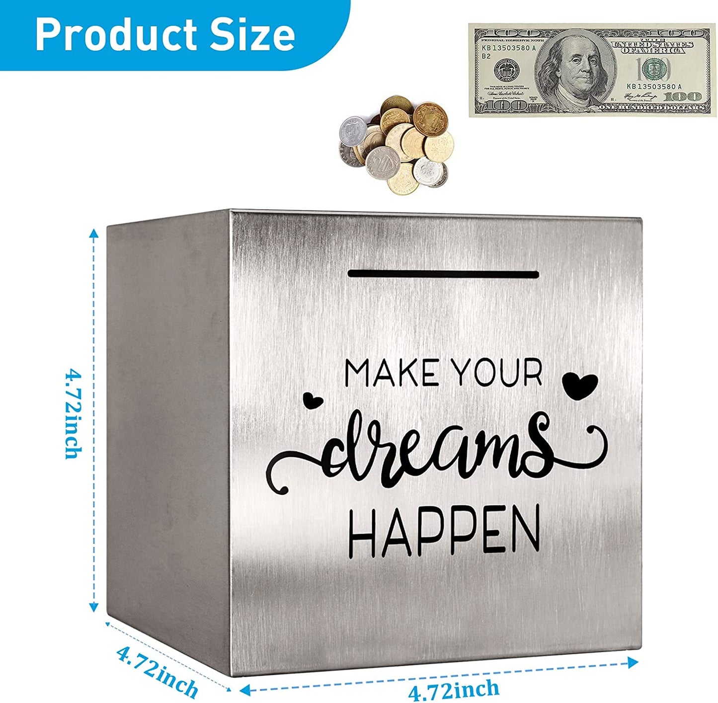 Piggy Bank Made of Stainless Steel Money Bank for Adults Coin Bank (4.72"X4.72"X4.72")