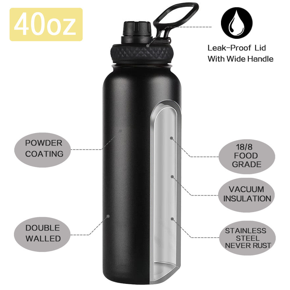 Water Bottle Stainless Steel Vacuum Double Wall Insulation Sport Wide Mouth 40 Oz 