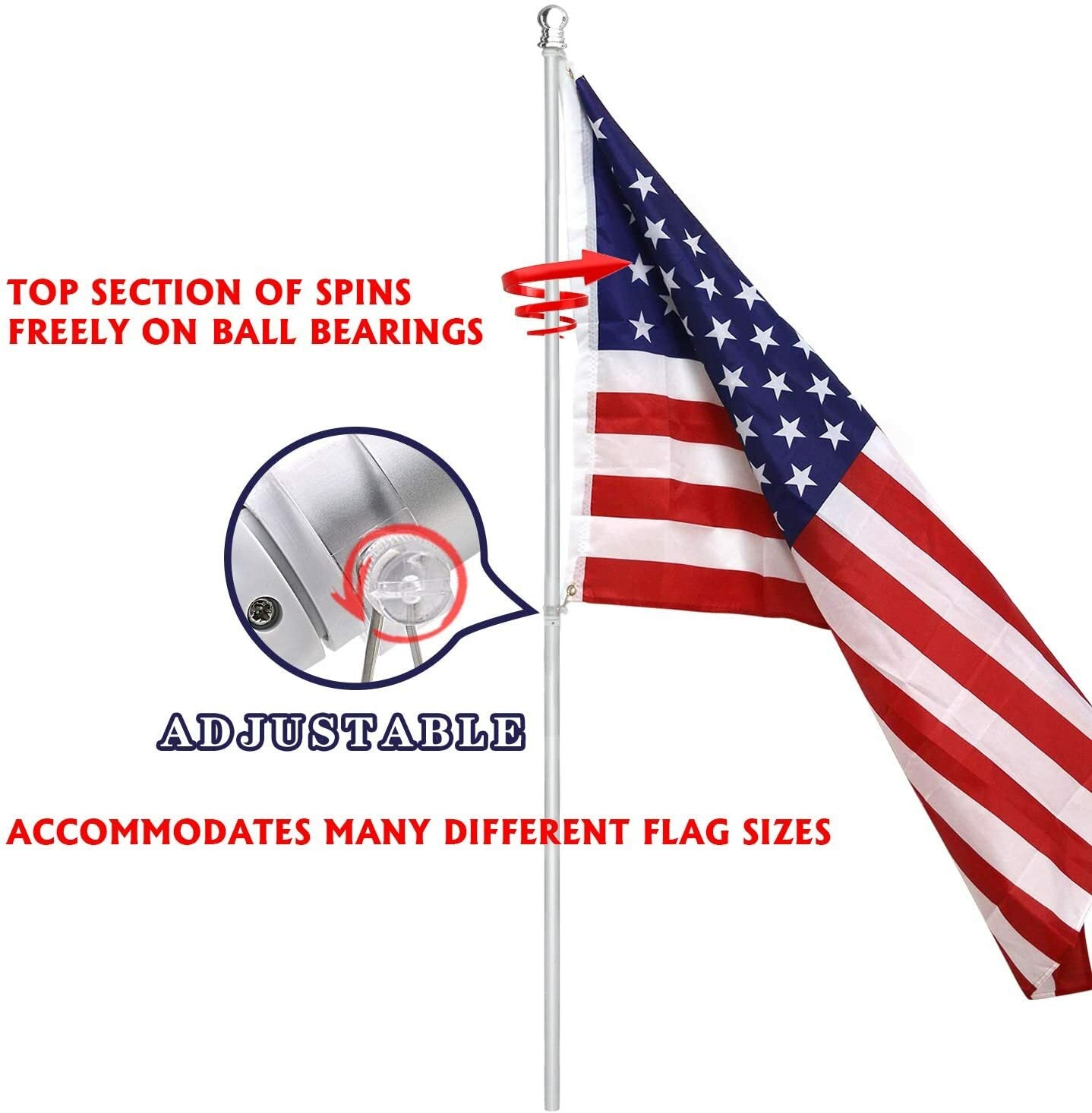 Tangle Free Spinning Flag Pole Aluminum 6FT Durable Rust Free Wind Resistant Kit