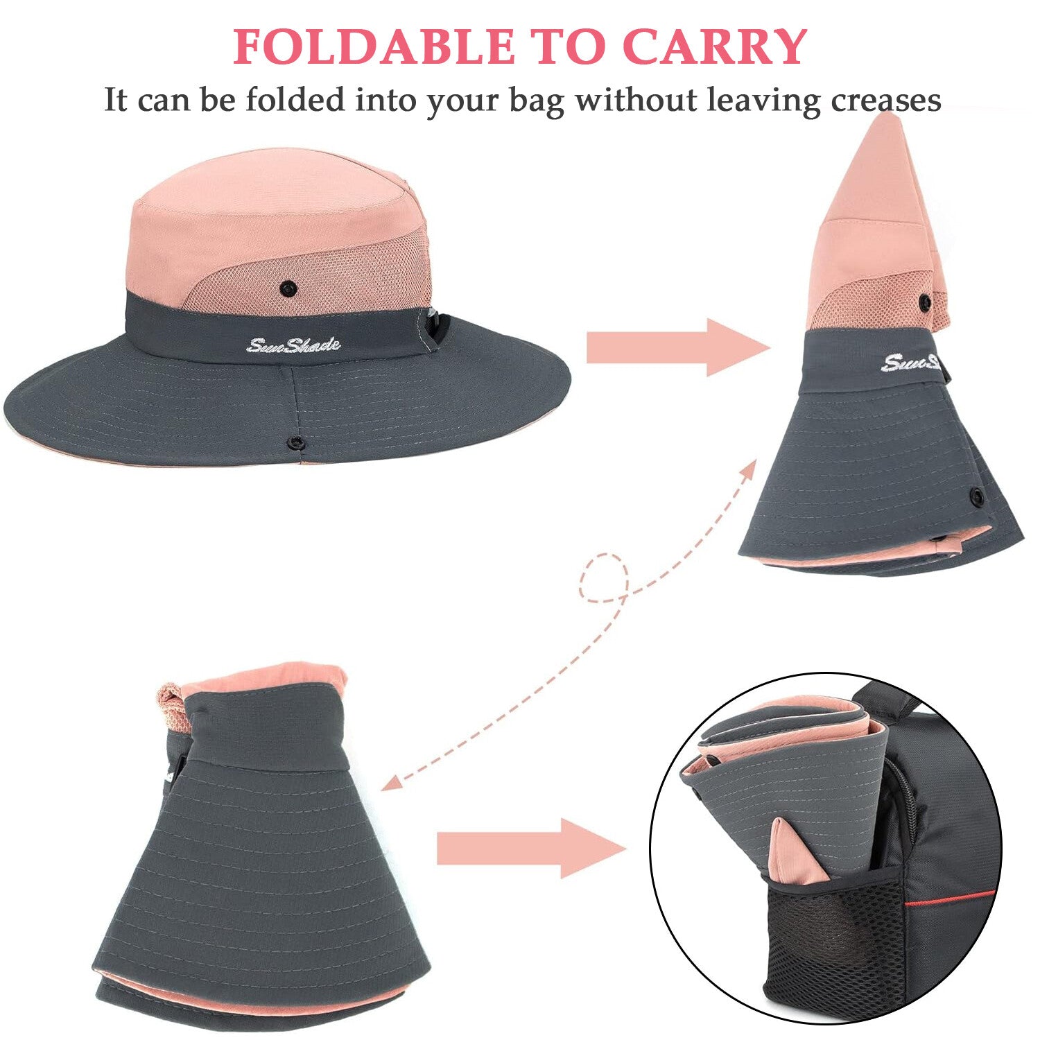 Summer Bucket Hat Boonie Women Ponytail Cap Wide Brim Sun UV Protection Travel