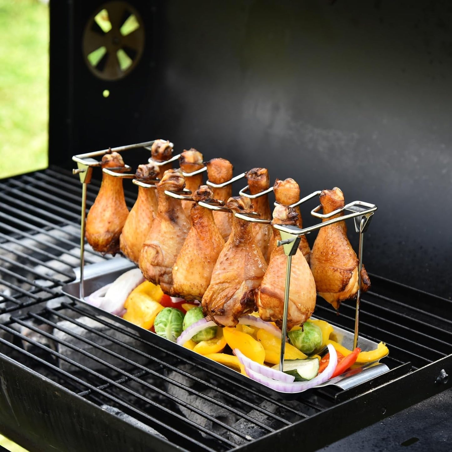 Chicken Leg Rack for Grill with Drip Tray 12 Slots Chicken Wing Rack Chicken Drumstick Holder for Grill Accessories