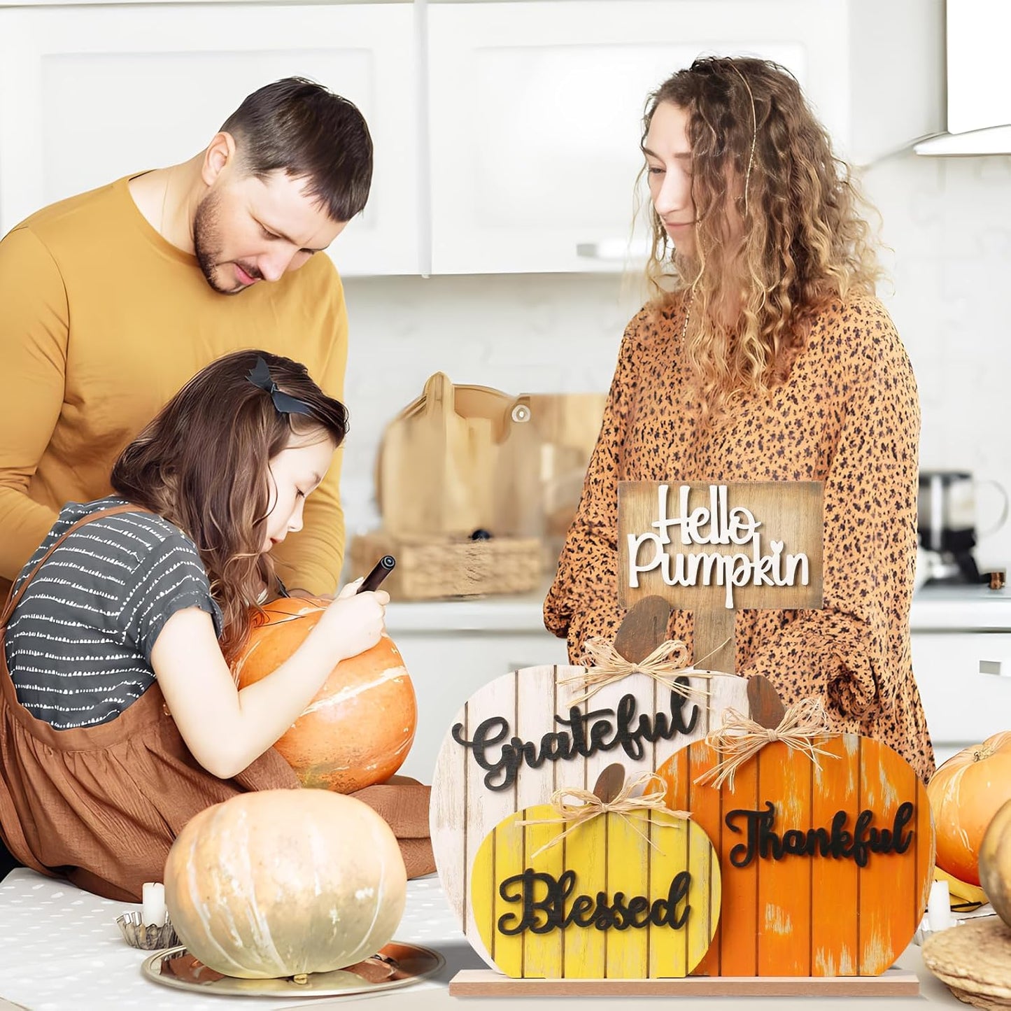 Rustic Wooden Blessed Grateful Thankful Hello Pumpkin Tabletop Sign Thanksgiving Decoration for Autumn Harvest Farmhouse Party Decor