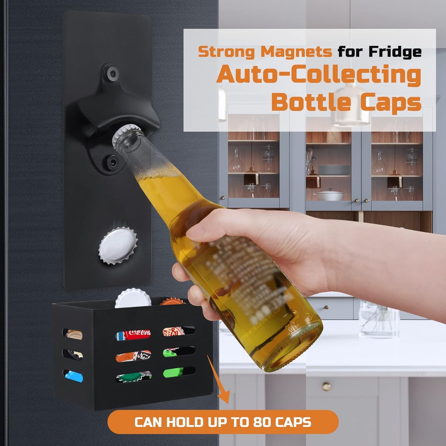 Magnetic Bottle Opener with Cap Catcher Wall Mounted Beer Bottle Opener for Fridge, Kitchen, Bar, Ideal Gift for Men Women