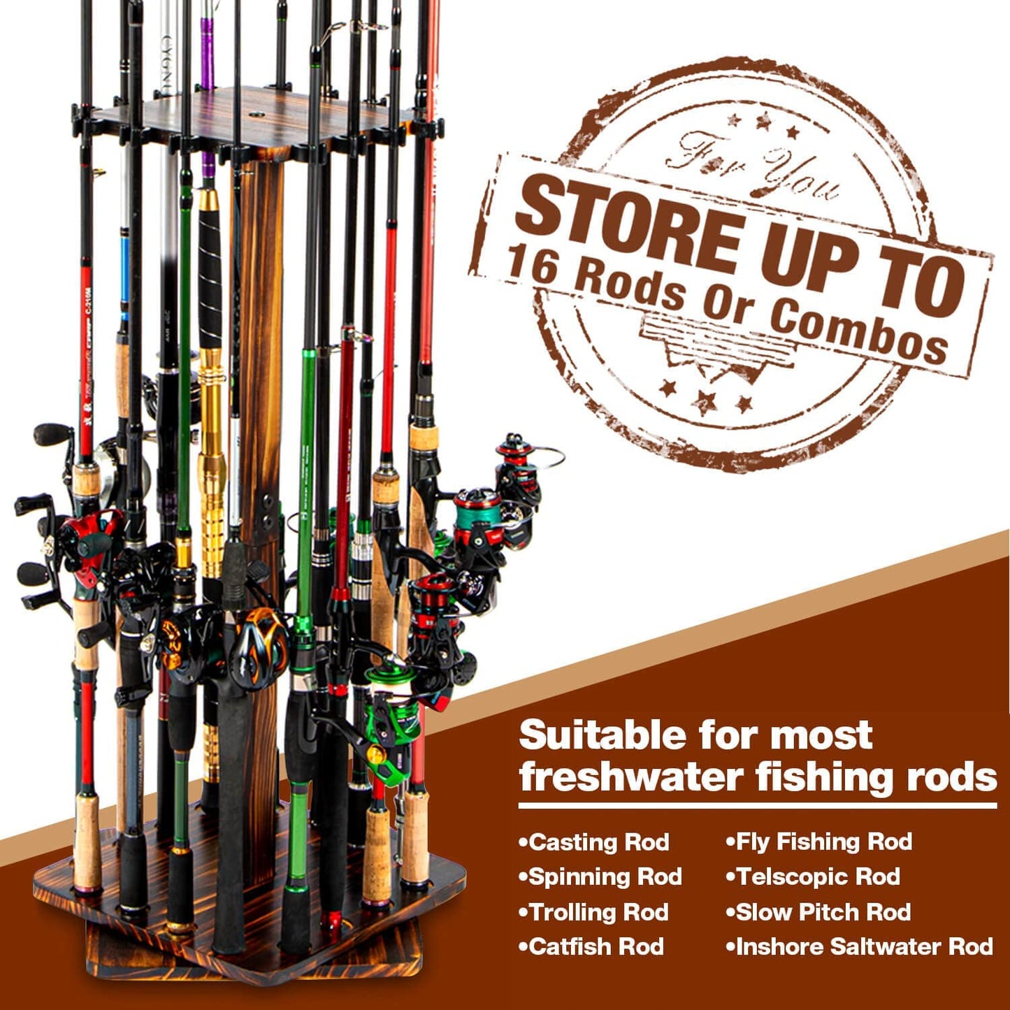 360 Degree Rotating Fishing Pole Rack Fishing Rod Holders for Garage Holds up to 16 Rods