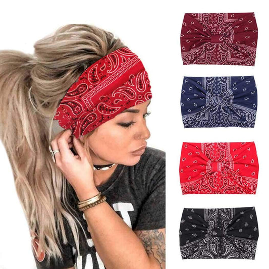 Boho Headbands Wide Knotted Hair Bands Fashion Printing Bandeau Travel Stretchy Cotton Headband Sport Yoga Hair Accessories for Women and Girls (B)