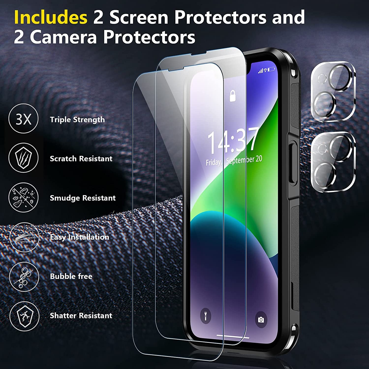 Heavy Duty Shockproof Case for iPhone 14 15 Case 2 Pack [Tempered Glass Screen Protectors+Camera Lens Protectors]