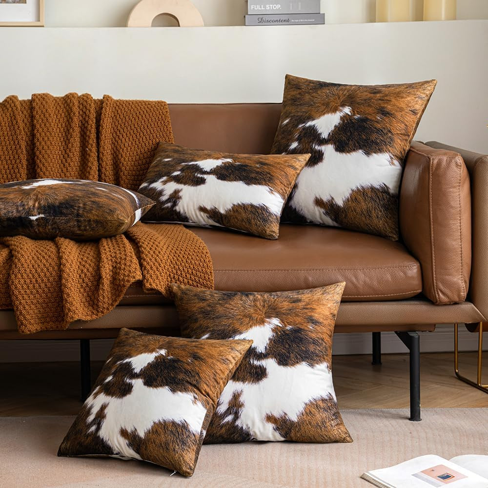  Pack of 2  Cowhide Printed Decorative Throw Pillow Covers 18x18 Inch