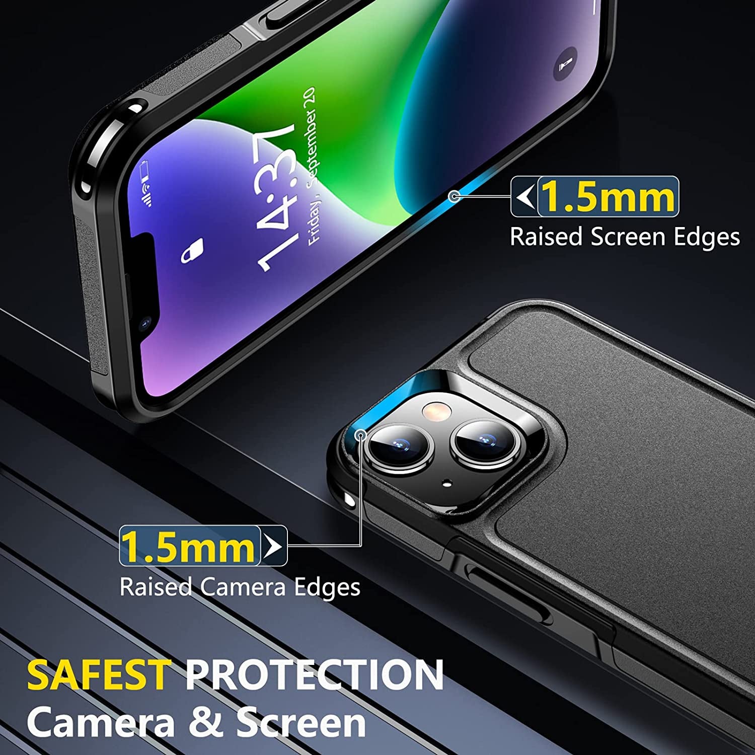 Heavy Duty Shockproof Case for iPhone 14 15 Case 2 Pack [Tempered Glass Screen Protectors+Camera Lens Protectors]