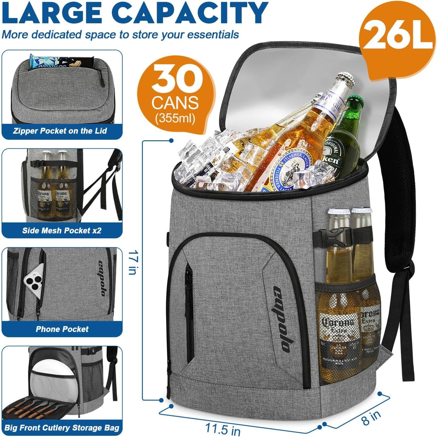 Insulated Backpack Cooler Gray