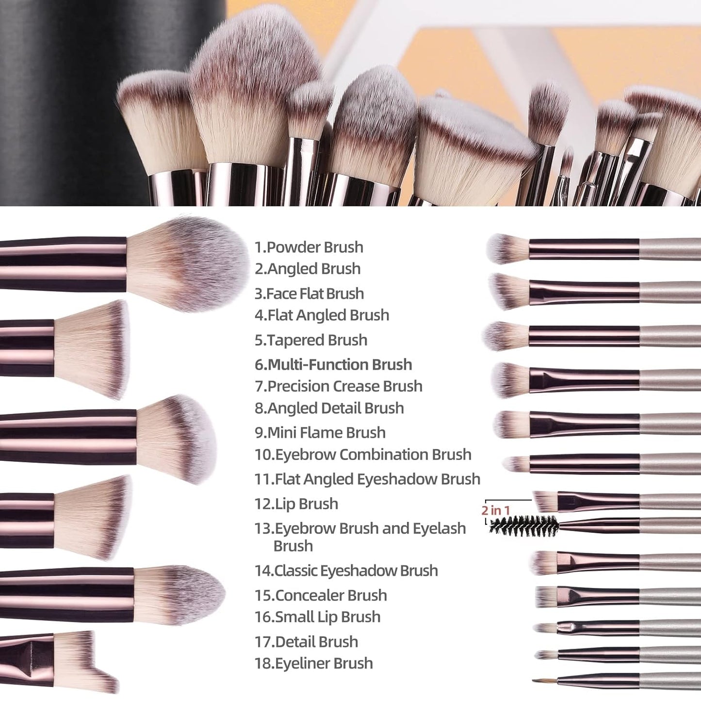 18pcs Soft Bristled Makeup Brushes